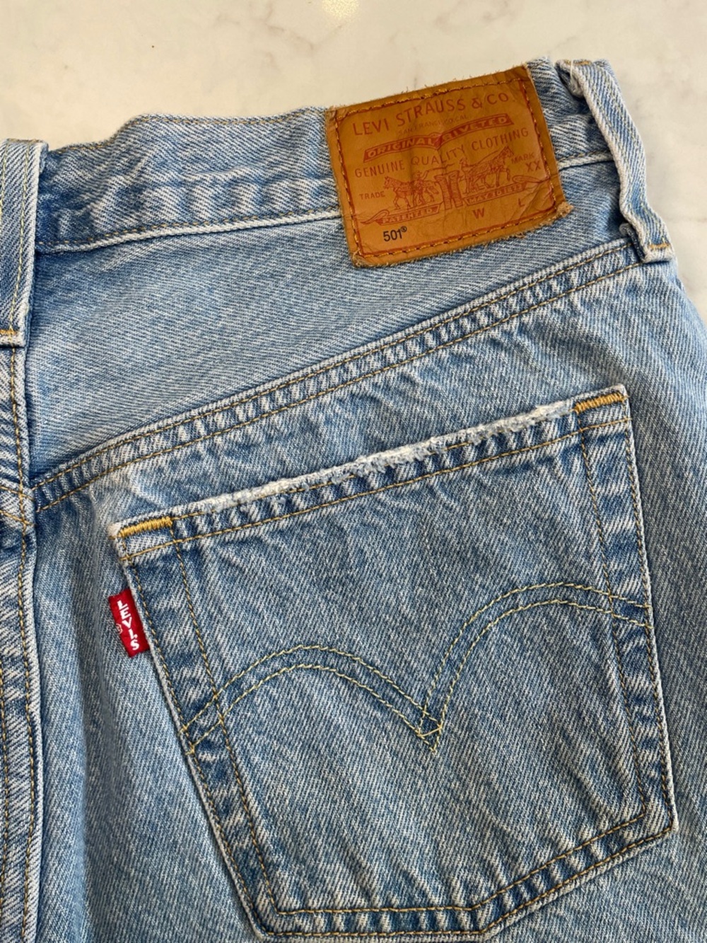 Levi's 501 button front Light Blue Distressed Denim Cutoff Shorts - Picture 6 of 11